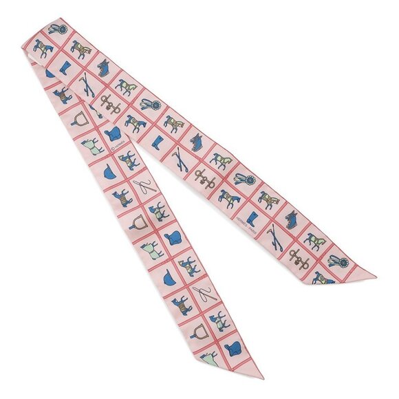 HERMES Twilly Horsewear Couvertures et Tenues Silk100% Rose/Blue/Vert - Picture 3 of 9